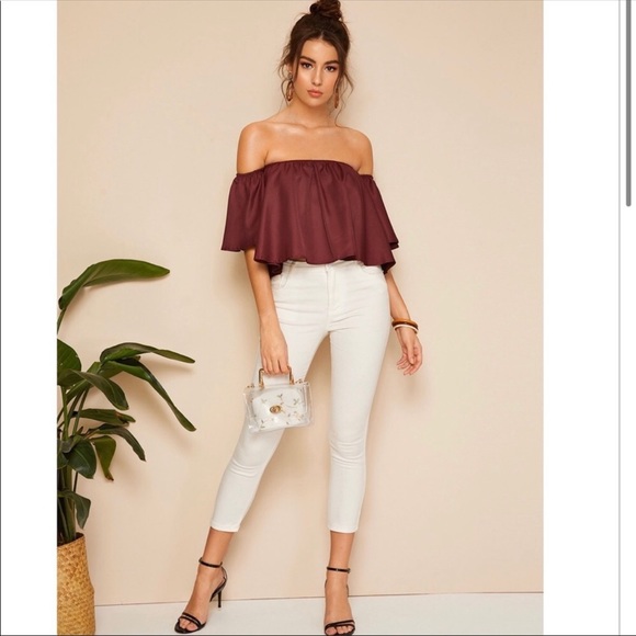 NEW Burgundy Shirred Off the Shoulder Top - Picture 4 of 5